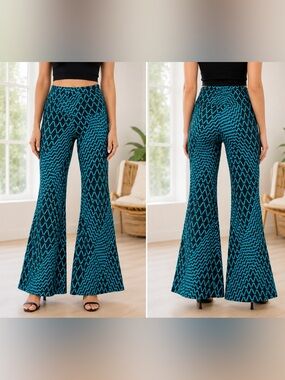 Touch Express Black & Teal Bellbottom/Flare Retro/Festival Women’s Pants Sz Med
